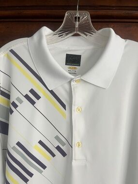 Greg Norman Collection White Polo with Yellow & Gray Graphic Stripes
